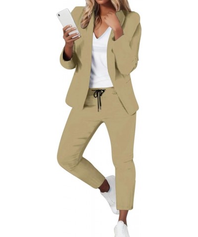 Womens Elegant Solid Color Suit Long Sleeve Cardigan Pockets Top Elastic Straight Leg Official Pants Suits for Khaki $27.72 B...