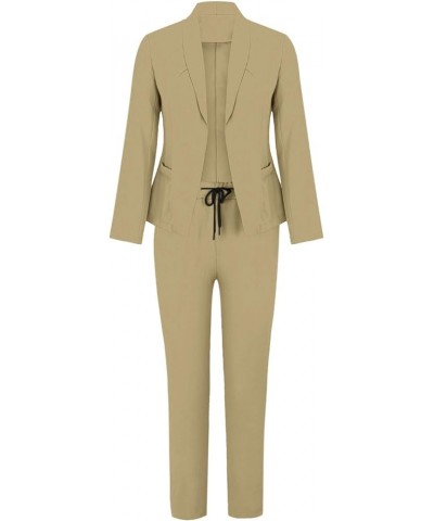 Womens Elegant Solid Color Suit Long Sleeve Cardigan Pockets Top Elastic Straight Leg Official Pants Suits for Khaki $27.72 B...