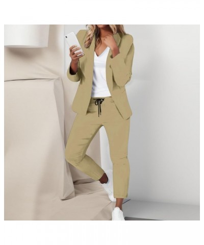 Womens Elegant Solid Color Suit Long Sleeve Cardigan Pockets Top Elastic Straight Leg Official Pants Suits for Khaki $27.72 B...