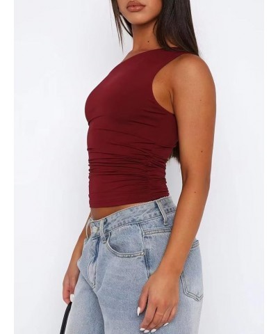 Off The Shoulder Tops for Women Sleeveless Asymmetrical Going Out Shirts Slim Fit Ruched Crop Tank Tops Y2K Trendy Red $11.99...