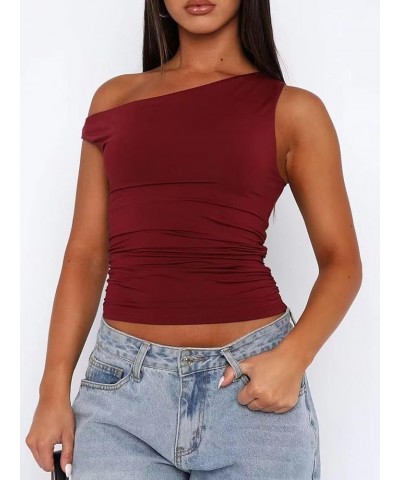 Off The Shoulder Tops for Women Sleeveless Asymmetrical Going Out Shirts Slim Fit Ruched Crop Tank Tops Y2K Trendy Red $11.99...