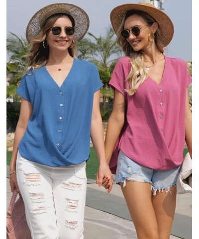 Womens Button Down Shirts Summer V Neck Cap Short Sleeve Dressy Casual Tops Twist Front Chiffon Work Blouses Blue $12.00 Blouses