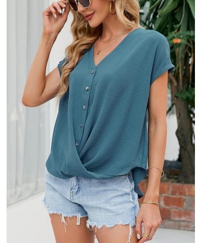 Womens Button Down Shirts Summer V Neck Cap Short Sleeve Dressy Casual Tops Twist Front Chiffon Work Blouses Blue $12.00 Blouses