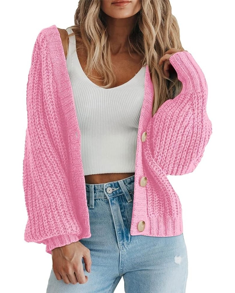 Women's Chunky Knit Open Front Sweater Long Sleeve Button Loose Short Cardigan Outerwear Coats Pink $21.61 Sweaters