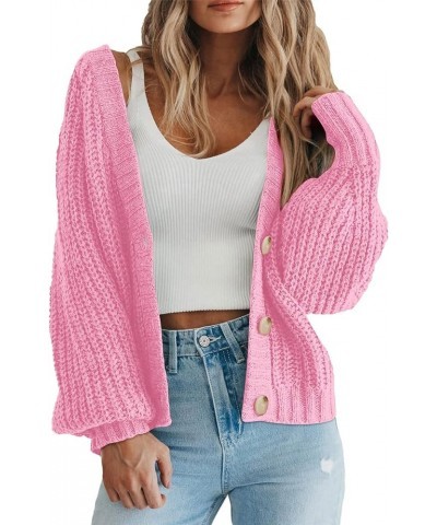 Women's Chunky Knit Open Front Sweater Long Sleeve Button Loose Short Cardigan Outerwear Coats Pink $21.61 Sweaters