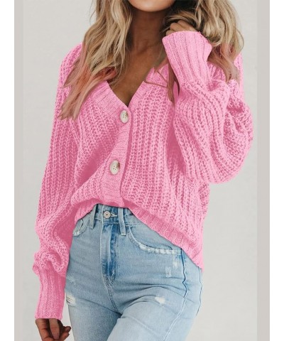 Women's Chunky Knit Open Front Sweater Long Sleeve Button Loose Short Cardigan Outerwear Coats Pink $21.61 Sweaters