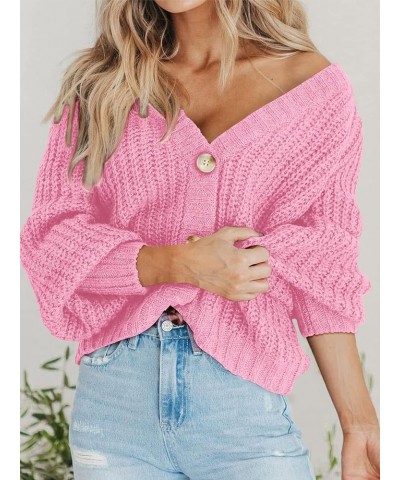 Women's Chunky Knit Open Front Sweater Long Sleeve Button Loose Short Cardigan Outerwear Coats Pink $21.61 Sweaters