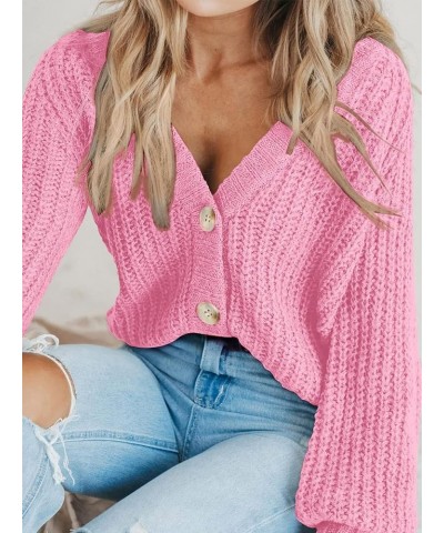 Women's Chunky Knit Open Front Sweater Long Sleeve Button Loose Short Cardigan Outerwear Coats Pink $21.61 Sweaters