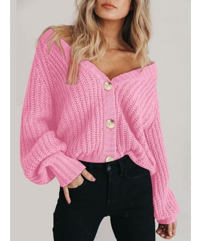 Women's Chunky Knit Open Front Sweater Long Sleeve Button Loose Short Cardigan Outerwear Coats Pink $21.61 Sweaters