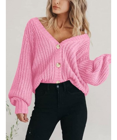 Women's Chunky Knit Open Front Sweater Long Sleeve Button Loose Short Cardigan Outerwear Coats Pink $21.61 Sweaters