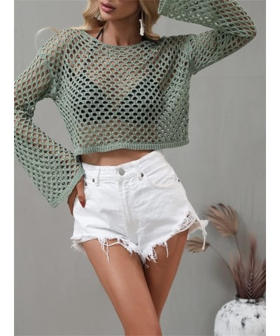 Women Mesh Crochet Crop Top Long Sleeve Hollow Out Knit Sweater Bikini Beach See Through Cover Ups A Green $16.49 Swimsuits