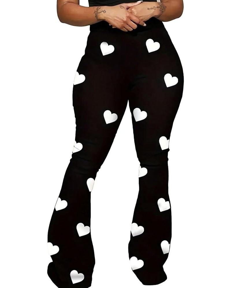 Women's Plus Size Pants Heart Print Elastic High Waisted Flare Leg Pants Black and White Heart $19.59 Pants