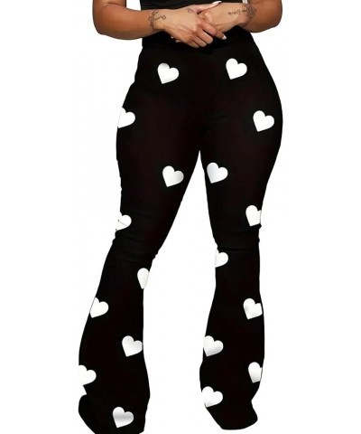 Women's Plus Size Pants Heart Print Elastic High Waisted Flare Leg Pants Black and White Heart $19.59 Pants