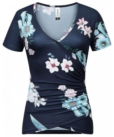 Women's Top Deep V Neck Slim Fitted T-Shirt Front Surplice Wrap Short/Long Sleeve Tees C Short-floral Blue 20 $13.24 T-Shirts