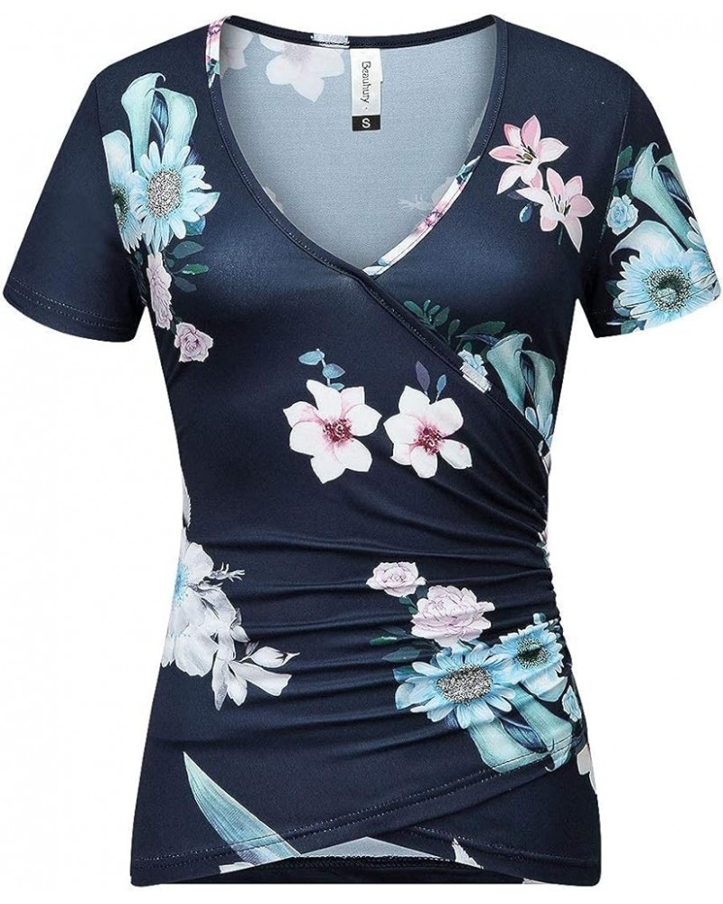 Women's Top Deep V Neck Slim Fitted T-Shirt Front Surplice Wrap Short/Long Sleeve Tees C Short-floral Blue 20 $13.24 T-Shirts