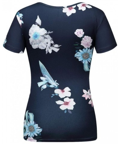 Women's Top Deep V Neck Slim Fitted T-Shirt Front Surplice Wrap Short/Long Sleeve Tees C Short-floral Blue 20 $13.24 T-Shirts