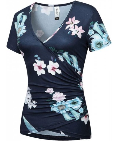 Women's Top Deep V Neck Slim Fitted T-Shirt Front Surplice Wrap Short/Long Sleeve Tees C Short-floral Blue 20 $13.24 T-Shirts