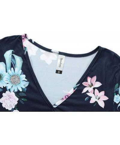 Women's Top Deep V Neck Slim Fitted T-Shirt Front Surplice Wrap Short/Long Sleeve Tees C Short-floral Blue 20 $13.24 T-Shirts