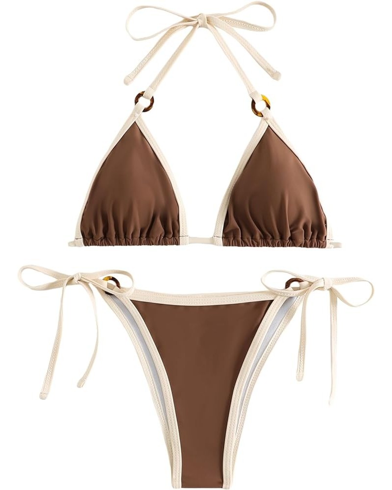 Women's 2 Piece Bikini Set Print Tie Side Bathing Suits Halter Triangle Sexy Swimsuits Coffee Brown $16.79 Swimsuits