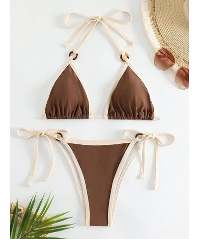 Women's 2 Piece Bikini Set Print Tie Side Bathing Suits Halter Triangle Sexy Swimsuits Coffee Brown $16.79 Swimsuits