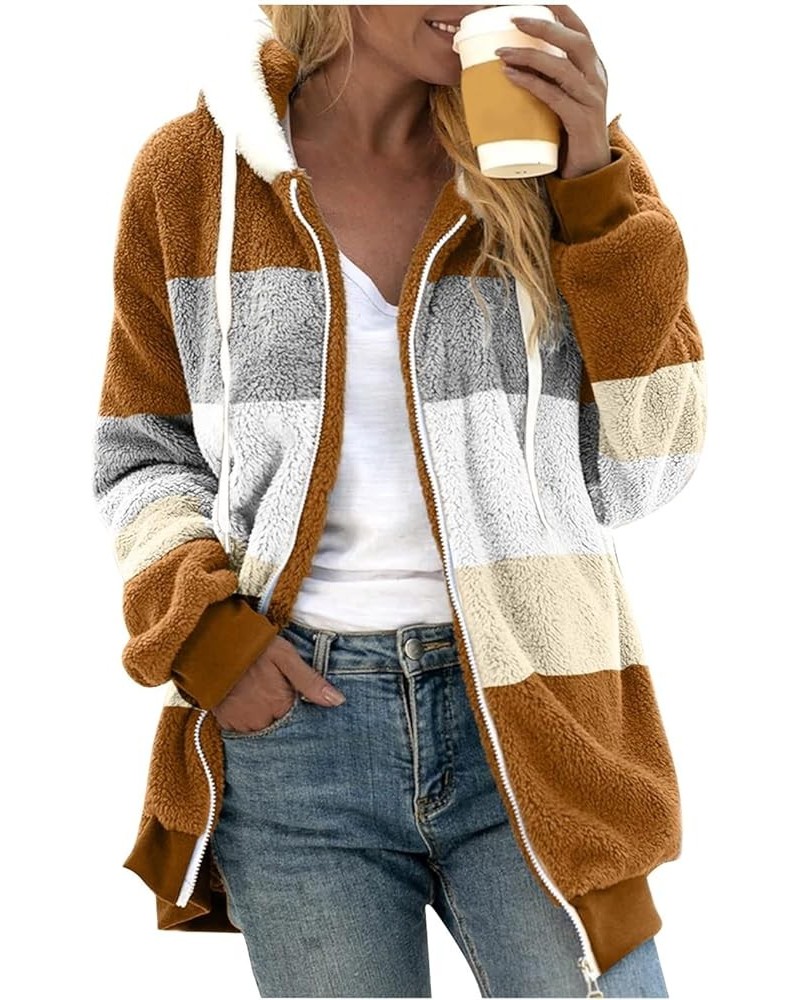 Women's Winter Coats Fuzzy Fleece Jacket Hooded Color Block Patchwork Cardigan Coats Outerwear with Pockets 02-coffee $8.94 J...