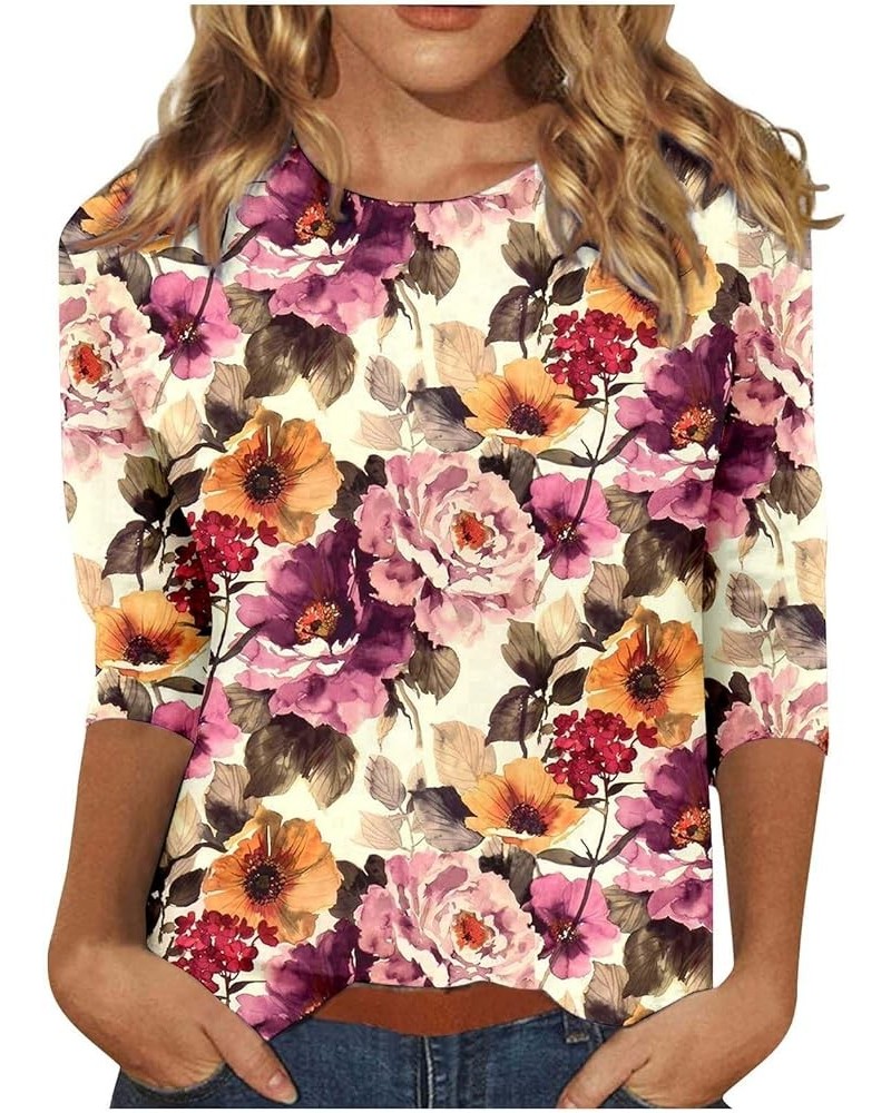 2024 Floral Printed Tops for Women Trendy 3/4 Sleeve Shirts Loose Fit Casual Dressy Blouses Soft Color Block Tees A17 red $9....