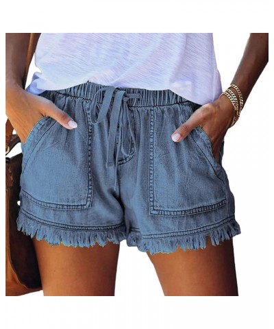 Drawstring Frayed Hem Denim Shorts for Women Elastic Waist Summer Short Jeans Casual Summer Washed Comfy Jean Shorts Blue,nav...