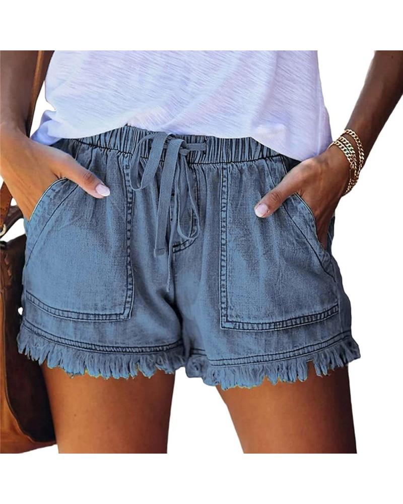 Drawstring Frayed Hem Denim Shorts for Women Elastic Waist Summer Short Jeans Casual Summer Washed Comfy Jean Shorts Blue,nav...