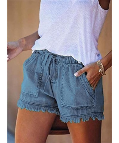 Drawstring Frayed Hem Denim Shorts for Women Elastic Waist Summer Short Jeans Casual Summer Washed Comfy Jean Shorts Blue,nav...