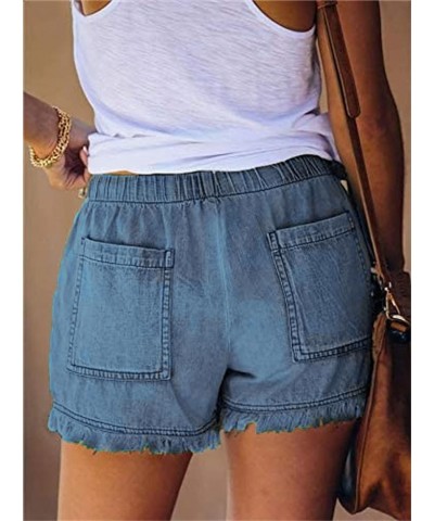 Drawstring Frayed Hem Denim Shorts for Women Elastic Waist Summer Short Jeans Casual Summer Washed Comfy Jean Shorts Blue,nav...