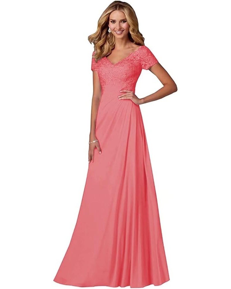 Laces Applique Chiffon Mother of The Bride Dress Long V Neck Cap Sleeve Formal Evening Dress A Line for Mom YN19 Coral $31.08...