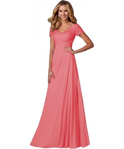 Laces Applique Chiffon Mother of The Bride Dress Long V Neck Cap Sleeve Formal Evening Dress A Line for Mom YN19 Coral $31.08...