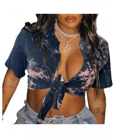 Womens Sexy Tie Front Crop Top Short Sleeve Casual Summer V Neck T Shirt Td-black Brown $8.99 T-Shirts