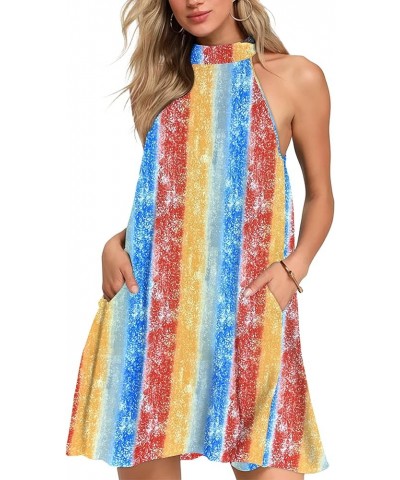 Womens Summer Dress Sleeveless Halter Neck Beach Dress Casual Sundresses with Pockets Rainbow Strip $14.74 Dresses