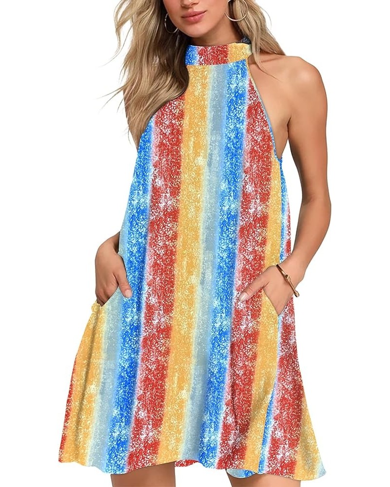 Womens Summer Dress Sleeveless Halter Neck Beach Dress Casual Sundresses with Pockets Rainbow Strip $14.74 Dresses