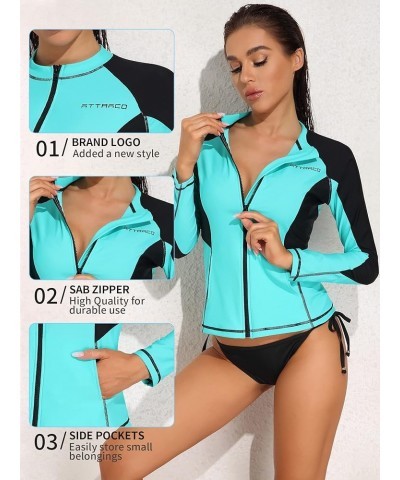 Rash Guard for Women Long Sleeve Swimsuits Zipper Front Printed Swim Shirt Uv Protection UPF 50 Aqua/Black $21.27 Swimsuits