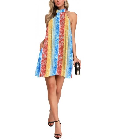 Womens Summer Dress Sleeveless Halter Neck Beach Dress Casual Sundresses with Pockets Rainbow Strip $14.74 Dresses