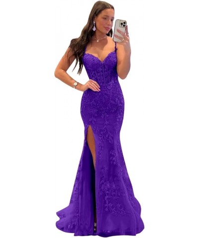 Mermaid Lace Prom Dresses for Women Spaghetti Strap Corset Formal Evening Party Dress with Slit Purple $34.00 Dresses