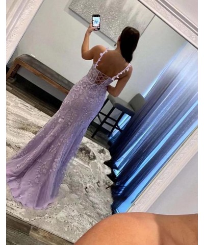 Mermaid Lace Prom Dresses for Women Spaghetti Strap Corset Formal Evening Party Dress with Slit Purple $34.00 Dresses