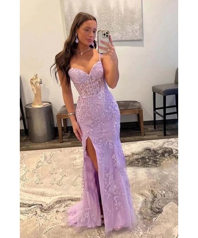 Mermaid Lace Prom Dresses for Women Spaghetti Strap Corset Formal Evening Party Dress with Slit Purple $34.00 Dresses