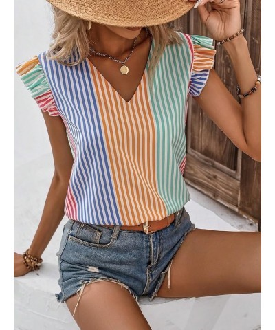 Women's Floral Embroidered V Neck Ruffle Cap Sleeve Peplum Blouse Top Orange Green Multi $10.19 Blouses