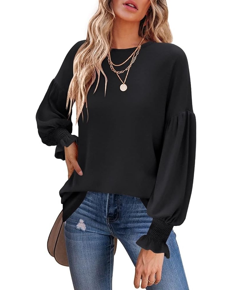 Womens Long Sleeve Tops Crew Neck Ruffle Lantern Sleeve Casual Loose Blouse T Shirts 03_ Black $12.05 Blouses