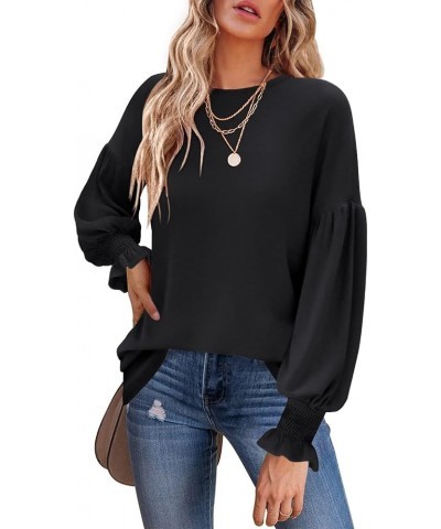 Womens Long Sleeve Tops Crew Neck Ruffle Lantern Sleeve Casual Loose Blouse T Shirts 03_ Black $12.05 Blouses