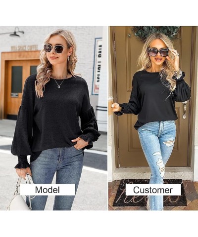 Womens Long Sleeve Tops Crew Neck Ruffle Lantern Sleeve Casual Loose Blouse T Shirts 03_ Black $12.05 Blouses