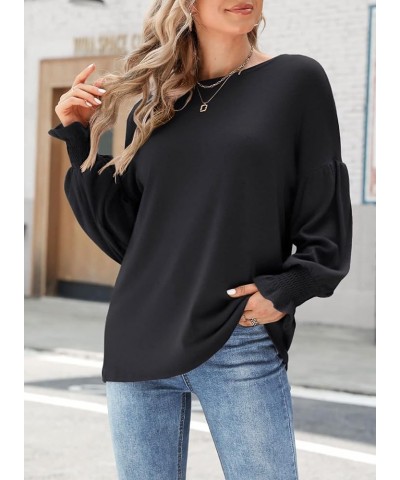 Womens Long Sleeve Tops Crew Neck Ruffle Lantern Sleeve Casual Loose Blouse T Shirts 03_ Black $12.05 Blouses