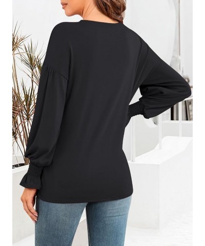 Womens Long Sleeve Tops Crew Neck Ruffle Lantern Sleeve Casual Loose Blouse T Shirts 03_ Black $12.05 Blouses