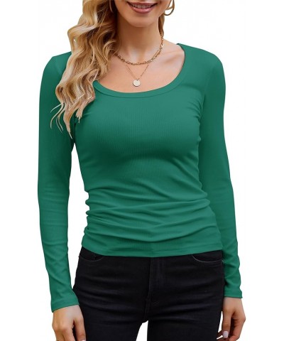 Womens Long Sleeve Scoop Neck Ribbed Knit Tops Casual Slim Fitted Basic Shirts Darkgreen $12.76 T-Shirts