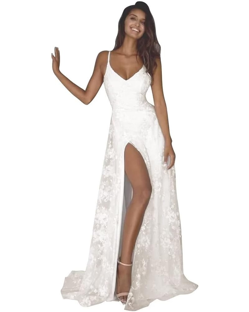 Simple Beach Wedding Dresses Long A-Line Spaghetti Straps Bridal Gowns with Train V Neck Evening Gown for Bride P-ivory $43.4...