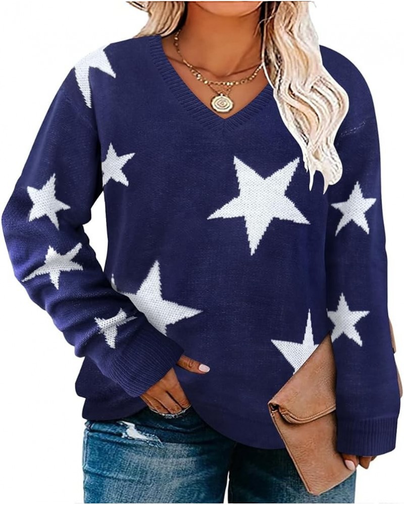 Plus Size Sweaters for Women Sexy Off Shoulder Pullover Crew Neck V Neck Hollow Out Long Sleeve Knitted Tops E671-blue Star $...