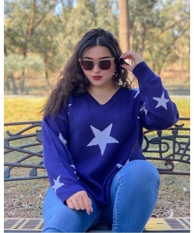 Plus Size Sweaters for Women Sexy Off Shoulder Pullover Crew Neck V Neck Hollow Out Long Sleeve Knitted Tops E671-blue Star $...